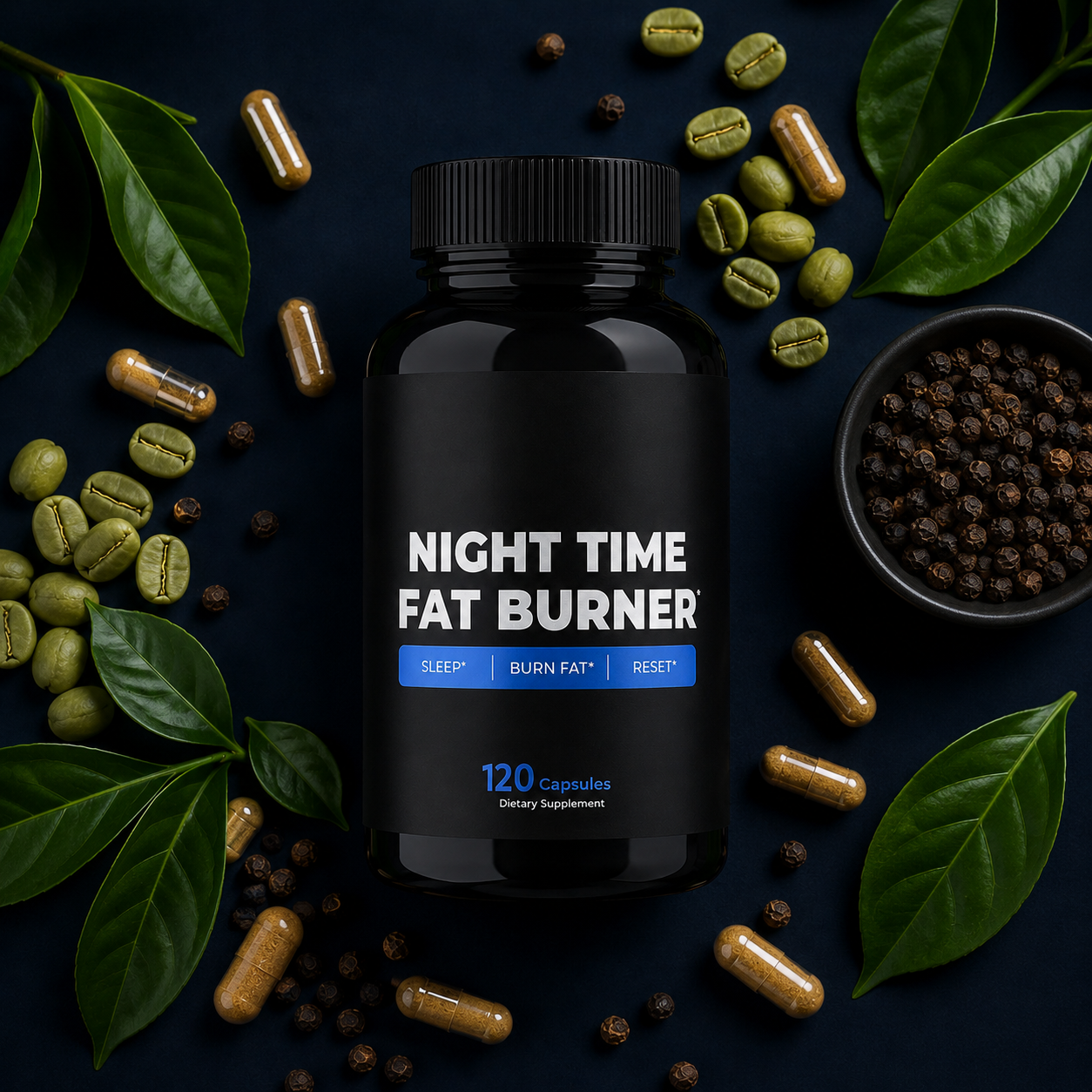 NightSlim Night Time Fat Burner bottle with green coffee beans, black pepper and natural ingredients